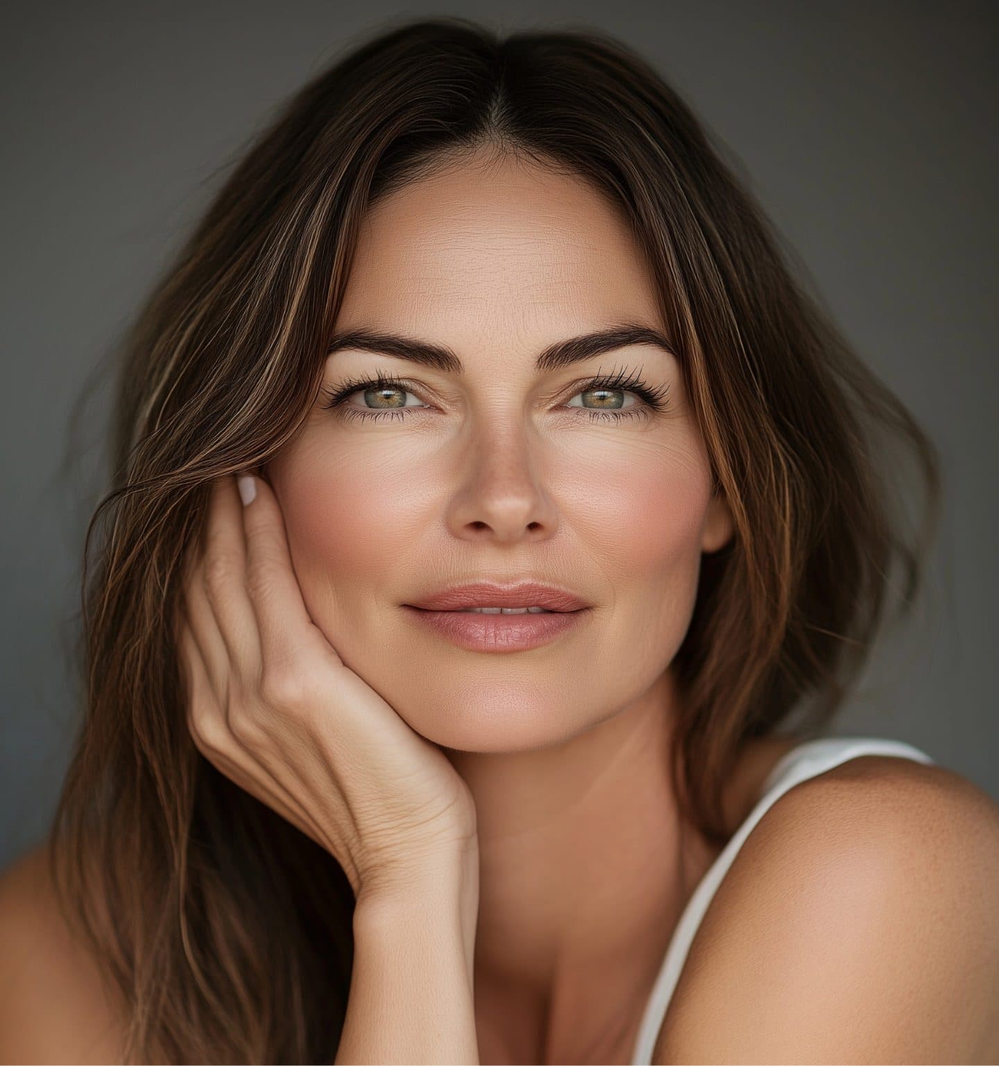 Close-up portrait of a woman with long brown hair resting her face on her hand, wearing a white top, with soft natural lighting.