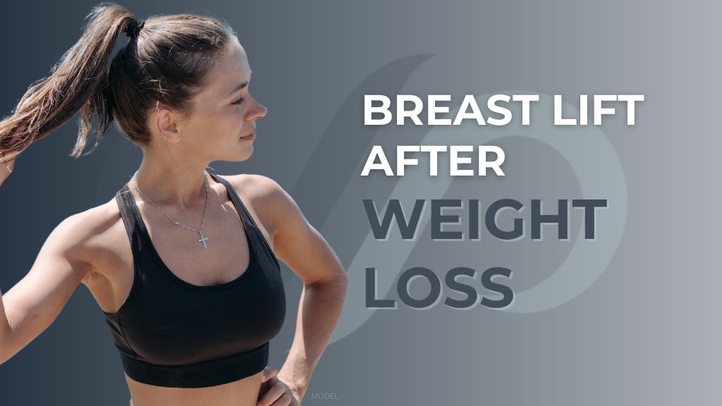 Woman in workout top (model) next to text: "Breast lift after weight loss"
