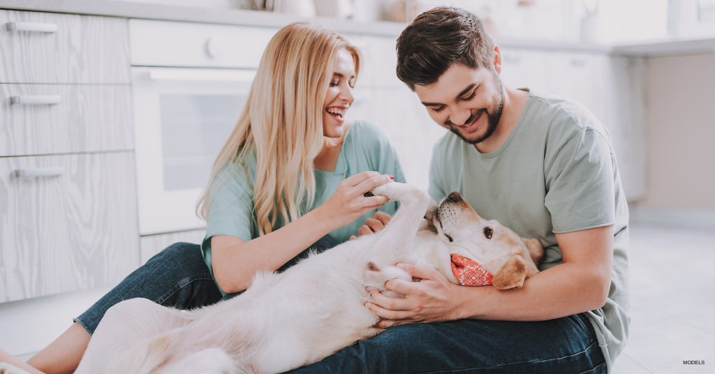 Couple at home during quarantine in Los Angeles, CA playing with their dog