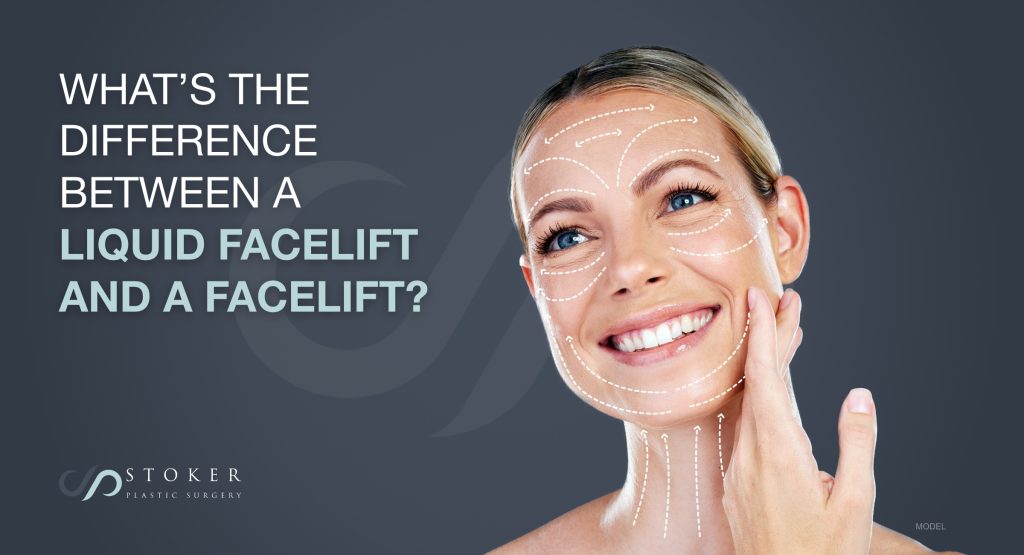 What's the difference between liquid facelift and a facelift? Middle-aged woman touching her cheek with lines showing direction the procedure works (model)