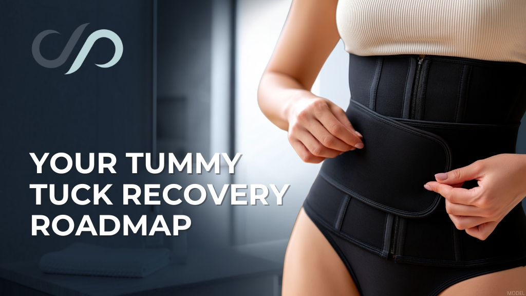 Woman wearing an abdominal compression garment representing tummy tuck recovery (model) alongside text reading “Your Tummy Tuck Recovery Roadmap”