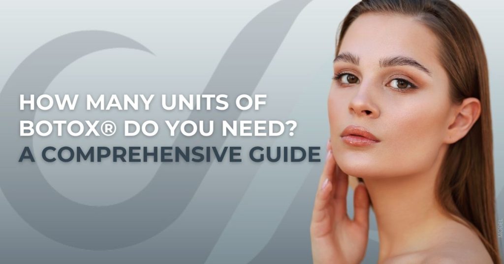 Beautiful woman with smooth skin touching her cheek (model) and text that reads 'How Many Units of BOTOX® Do You Need? A Comprehensive Guide'