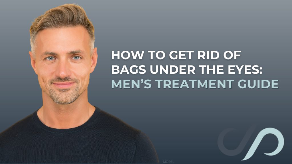 Mature man smiling (model) with text that reads "How To Get Rid of Bags Under the Eyes: Men’s Treatment Guide"