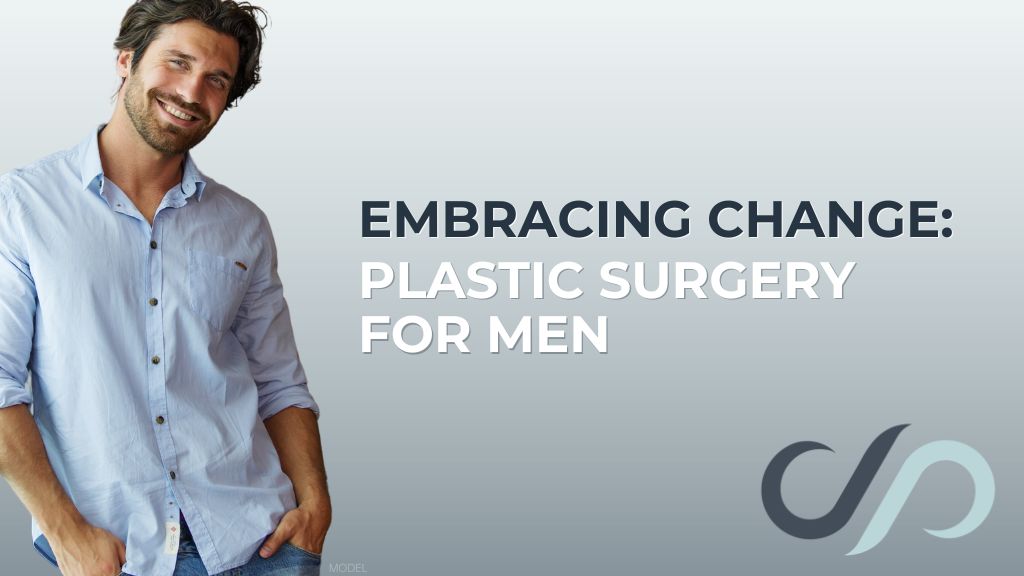 Attractive middle-aged man smiling (model) with text that reads 'Embracing Change: Plastic Surgery for Men'