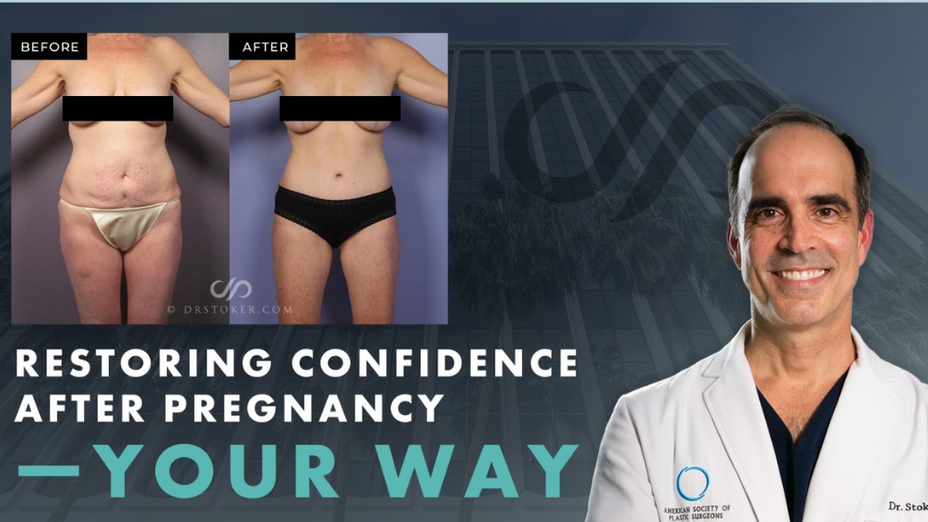 "Restoring confidence after pregnancy -- your way" with real patient result image.