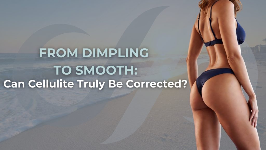 Woman standing on a beach in a bikini showing smooth thighs and buttocks, representing cellulite correction and improved lower body contour.