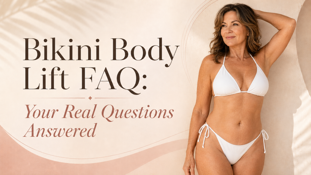 Featured image for “Bikini Body Lift FAQ: Your Real Questions Answered,” featuring a confident woman in her 50s wearing a white bikini and posing in a tasteful three-quarter back view against a warm, elegant beige and blush background.