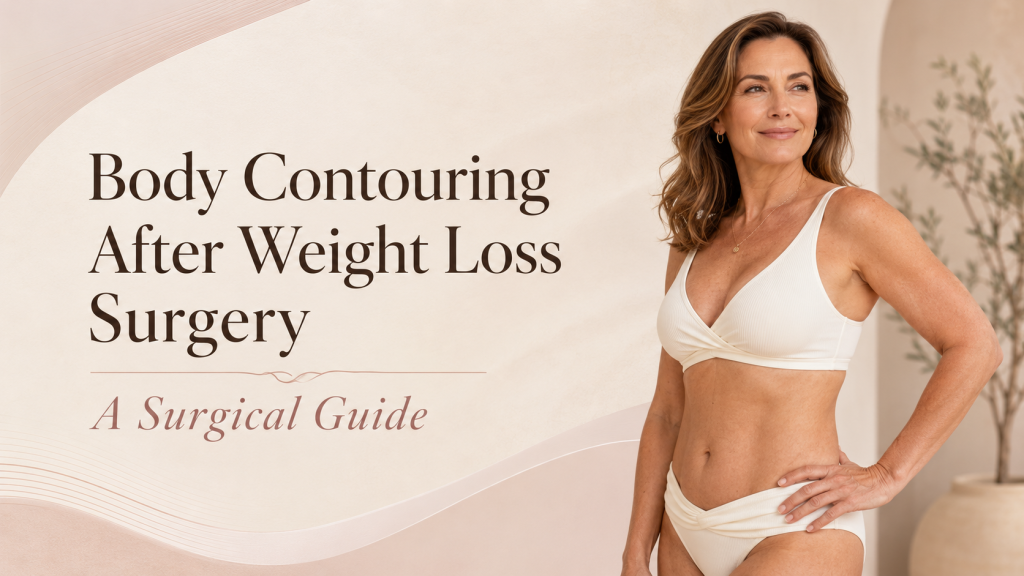 Confident woman after weight loss featured in a body contouring surgery guide.