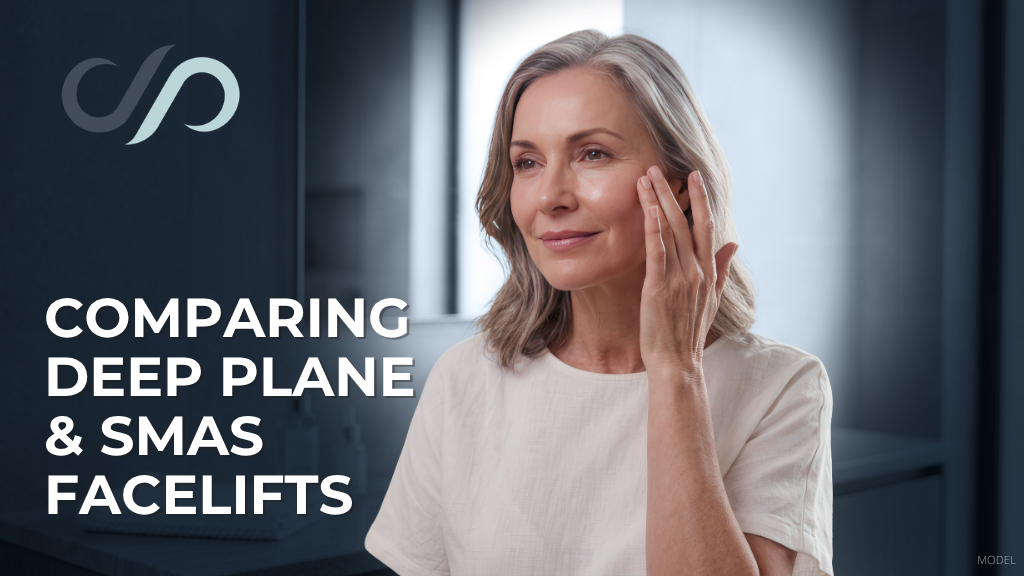 Mature woman (model) touching her cheek beside text comparing deep plane and SMAS facelift techniques.