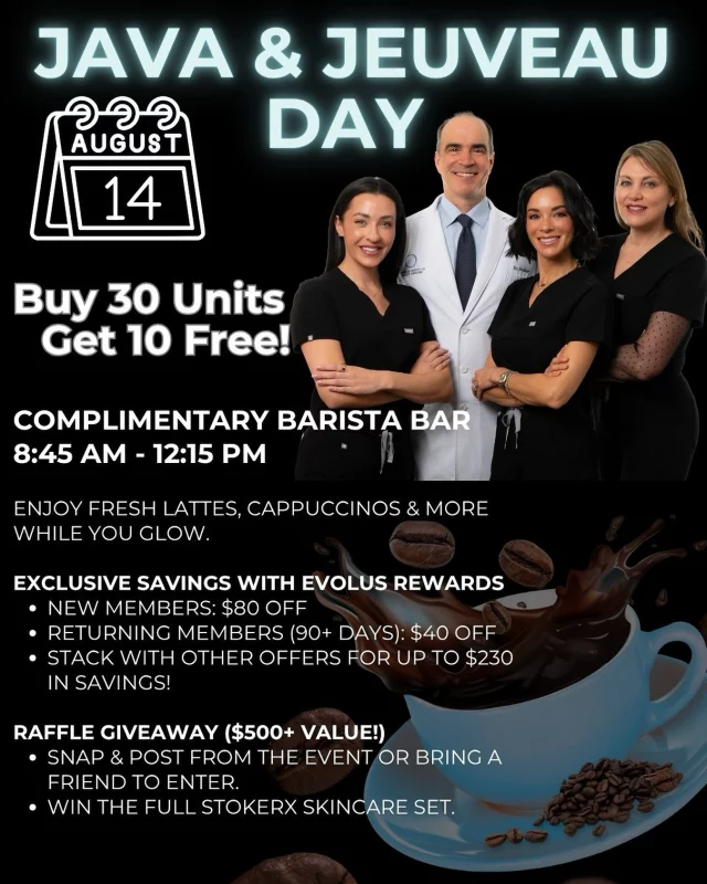 ☕✨ JAVA & JEUVEAU DAY✨☕
 ✅ Join us on August 14th for Java & Jeuveau Day, a morning of ☕️ coffee, 💉 glow-ups, and ✨ exclusive perks. From 8:45 AM to 12:15 PM, enjoy a complimentary barista bar with fresh lattes, cappuccinos & more while you treat yourself.

Buy 30 units of Jeuveau and get 10 units free! 💫

🎁 Evolus Rewards Perks: ✨New members: $80 OFF ✨Returning (90+ days): $40 OFF 💸 Stack offers for up to $230 in savings!

📸 Snap a pic at the event or bring a friend to enter our $500+ raffle, featuring the full StokerX Skincare line.

A fresh face and fresh coffee? Don’t miss it! 💕

👋BOOK NOW | In-office or virtual appointments by sending your name, number, and email to the DM. 

📲 CALL US | questions regarding treatment: (310) 300-1779

📩Email: Info@drstoker.com

🛍 SHOP SKINCARE | Link in bio 🔗

COMMENT BELOW 🔽
.
.
.
.
#dermalfiller #botox #beauty #antiaging #aesthetics #fillers #undereyefiller #dermalfiller #medicalspa #juvederm #skin #lipfiller #injectables #plasticsurgery #facial #cheekfiller #lips #esthetician #aestheticsexpert #facials #dermalfillers #selfcare #microneedling #dysport #bodycontouring #restylane #laser #skincareroutine #promotion